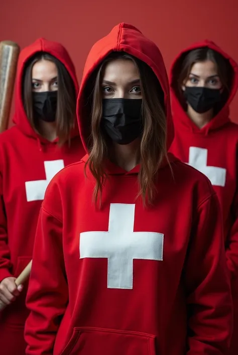 3 women in red clothes a big white cross on their breasts, With a baseball bat, bomb, And a bad face like a fan organizing as if they were going to fight, And the hoodie over the hair and mask on the face 