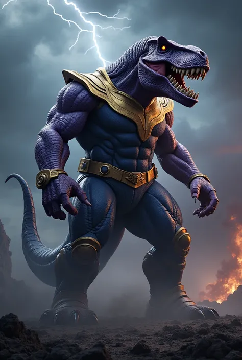 /imagine prompt: A hyper-realistic 3D depiction of a fusion between Thanos from Marvel Comics and a Tyrannosaurus rex, captured in stunning 4K detail as if shot with a Sony A1 camera. The character stands colossal and imposing, showcasing a powerful blend ...