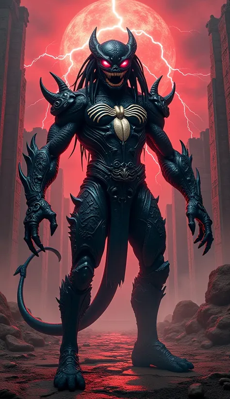 **Epic Mythic Fusion – Venom x Predator x Cell**

**Prompt AI:**  
*"A full-body depiction of a formidable fusion hybrid blending the dark essence of Venom, the fierce legacy of Predator, and the regenerative prowess of Cell, all reimagined with epic mythi...