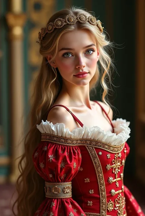 A  girl, with long beautiful golden hair, green eyes and light-tan, wearing a red and gold medieval dress