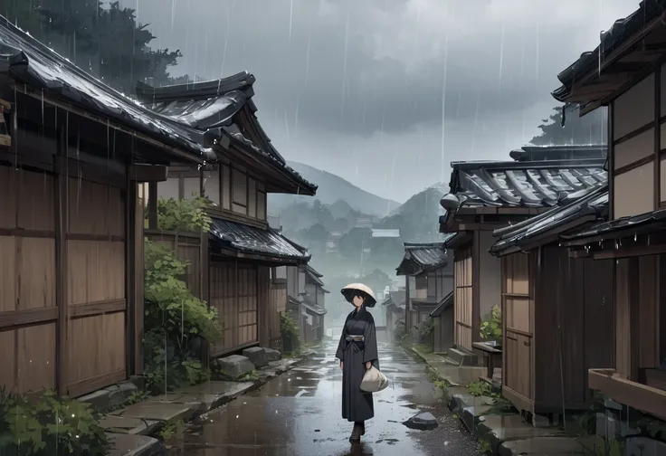 (masterpiece, highest quality: 1.2), high resolution, gloomy sky, deserted Japanese village, (raining)