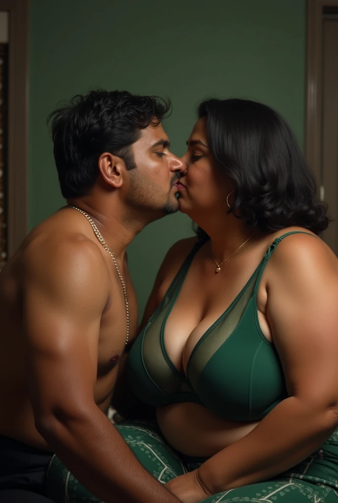 Indian 60 year old bbw chubby plus sized wife ,(wearing dark green colour transparent deep neck  cleavage bra, very huge swooping breasts) and 27 year old shirtless man driver kissing on a chair, very bright light, front view 