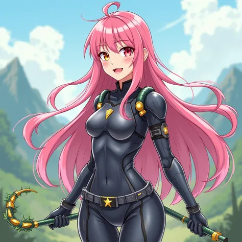 anime art style, young female character, pink long hair, golden right eye, red left eye, futuristic high tech armor, confident expression, really erotic pose, holding a green whip with yellow details and thorns, fantasy hills background