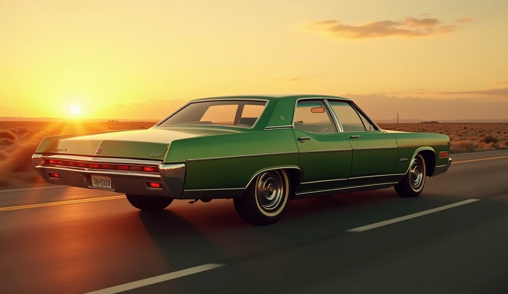 Image Prompt:
"A 1970s Chrysler Imperial LeBaron in metallic green cruising down an open highway at sunset. The text '1970s Chrysler Imperial LeBaron - Metallic Green' is displayed at the bottom."
