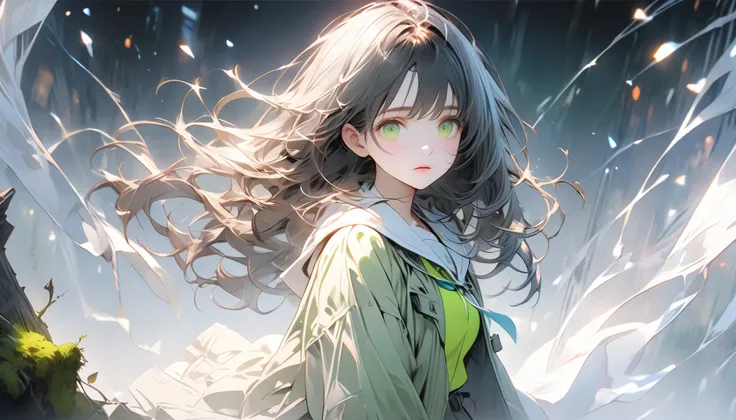 One young woman in a miniskirt,full body, holding the cold air with a pensive expression, feels both anxious and strong. An atmosphere of quiet reflection and hope hangs over her. There is an expression of determination on her face. The soft and delicate s...