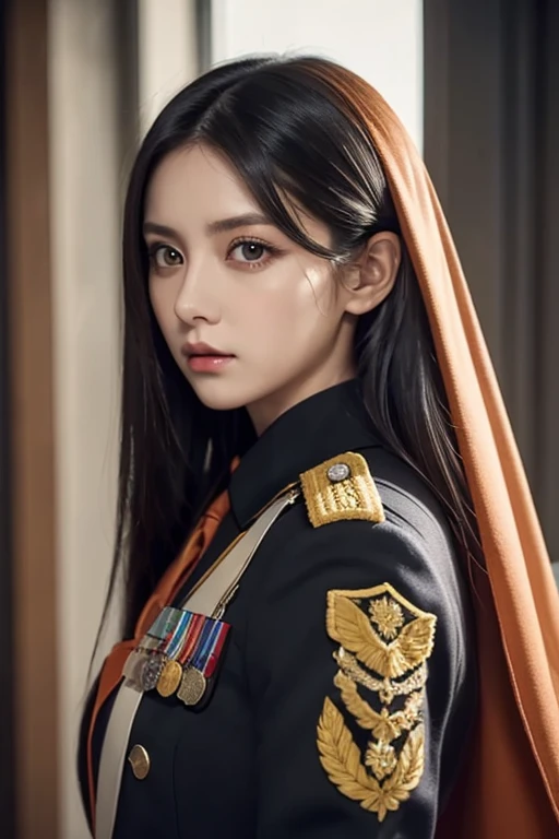  white girl with long black hair is wearing a military uniform,  Orange Cape , Big hazel eyes,  Science Fiction , Dark mood, 