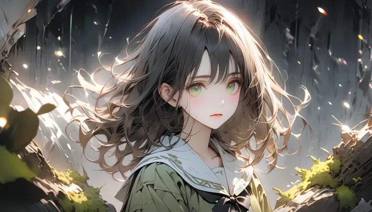 One young woman in a miniskirt,full body, holding the cold air with a pensive expression, feels both anxious and strong. An atmosphere of quiet reflection and hope hangs over her. There is an expression of determination on her face. The soft and delicate s...