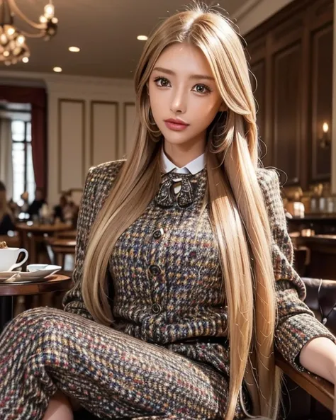 (Best quality, 8K, masterpiece), (fashion model:1.3), (long straight blonde hair:1.2), (luxurious tweed outfit:1.3), (cafe brunch setting:1.3), (coffee and gourmet food:1.2), (refined and elegant pose:1.2), soft focus, high fashion aesthetic

