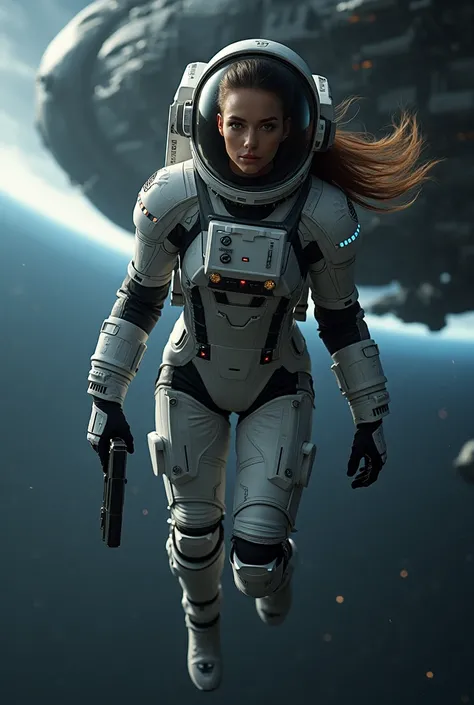 photo real, natural light, beautiful astronaut in space suit flying through the air with a spaceship in the background, cgsociety contest winner, space art, very beautiful woman in spacesuit, in gloves with a gun, science fiction, spacesuit with small led ...