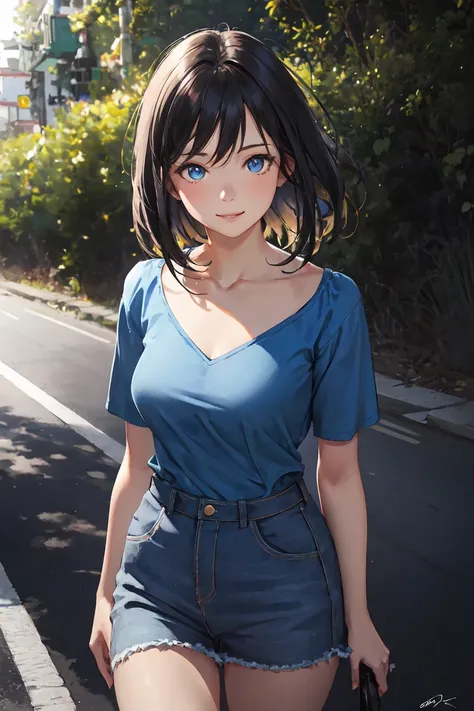 Add-detail
1girl, Solo, Blue Eyes, Black Hair, Medium Hair, Hair Intakes, 

Medium Breasts, blue clothes, Collarbone 

Outdoor, Cowboy Shot 8k, happy, realistic, in road