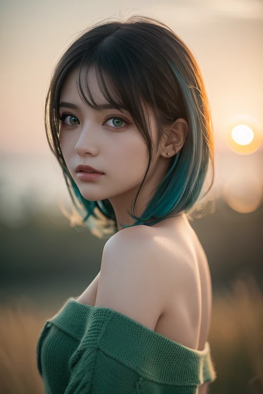  best quality , Masterpiece,  super high resolution, ( realism: 1.4),   Original Pictures ,  1 girl,  green eyes,  off shoulder,  Cinematic Lighting,   blue hair , At sunset