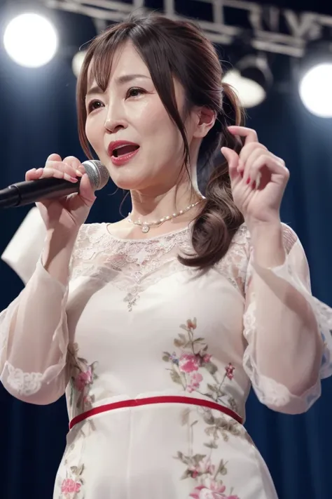  55 year old beautiful mature Japanese woman, Married woman, There are fine wrinkles, long eyelashes, Sparkling Eyes,  low ponytail, Red lipstick,  elegant,   pearl necklace,  dress, Enka singer, Singing on stage,  spotlight