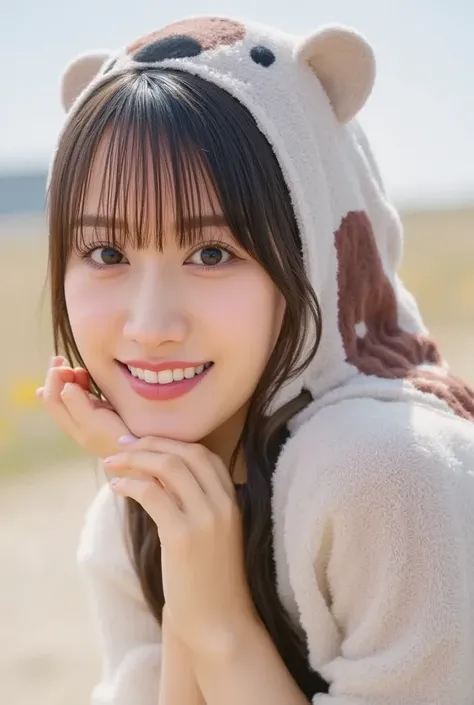  Super Fine、 up of her face 、 and she has a smile showing her teeth, I'm wearing a bear hoodie,The background is the plains、   high image quality、細部にわたって  high image quality,I'm wearing a 