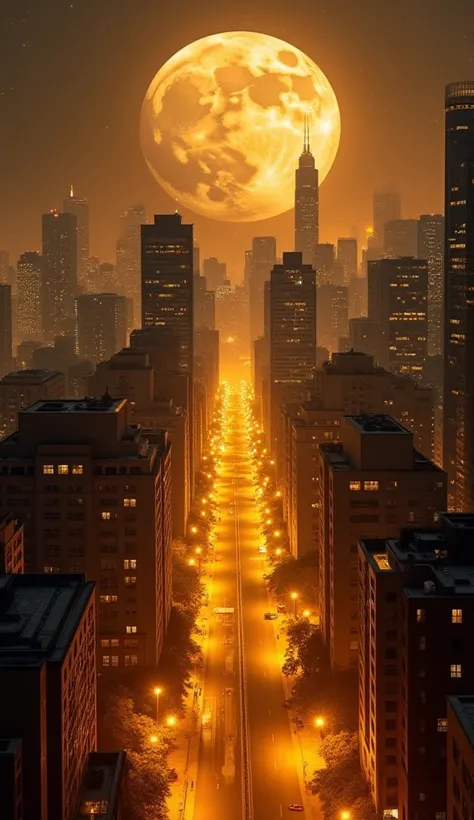 "A breathtaking nighttime cityscape with towering skyscrapers illuminated by golden lights. A massive, oversized full moon dominates the sky, casting a warm glow over the entire city. The streets are lined with glowing streetlights, forming a river of gold...