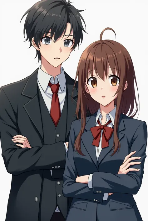 An attractive young man and woman from high school, the coldly attractive serious pale white man with his arms crossed winged and the attractive pretty woman with brown hair from high school wearing anime manga style uniform at school 