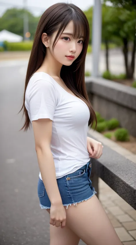    beautiful girl,  very pretty , delicate face,    laugh shyly, Deep Valley), (( in、    away from the camera     ))、(彼女は スレンダーで  big breastsをしている、  white rib knit t-shirt   .   denim skirt、   facing sideways to the viewer、    show me your thighs:1.3), (  ...