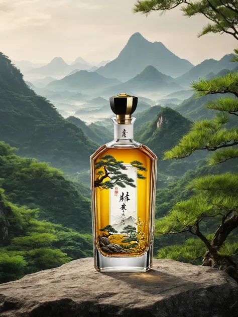 wine bottle design，There is a bottle of perfume with a mountain view in the background,  inspired by Dong Yuan , A close-up shot of a ,   is inspired by Pratt & Co.  , Inspired by Romu ,  inspired by Cao Zhi Bai , Inspired by Wen Zhenheng ,  Inspired by Wu...