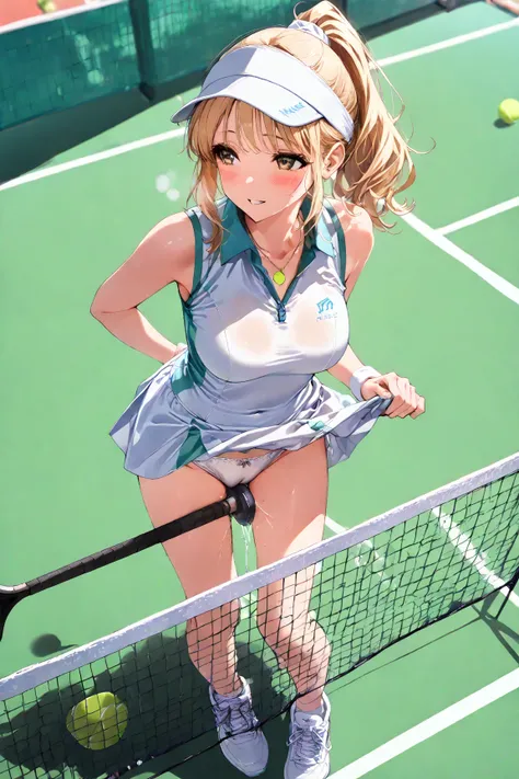 ,((high-angle portrait  )) ,,,(((white tennis uniform, white cotton panties, white tennis cap))),, white indoor school shoes,,(short blonde ponytail hair),long legs, tall women,,hair accessories ,full body, medium breasts,show off pussy,,,,( beautiful),(),...