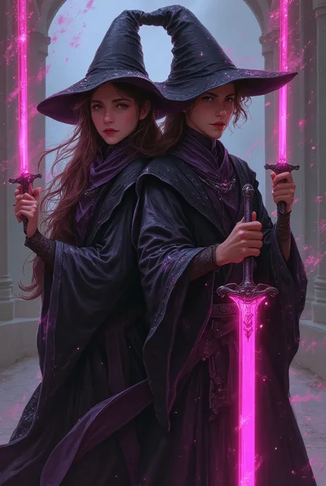 two person, beuriful young wizards. good looking, one wizard Holding two Hunting dagger, glemering old rose pinks Hunting dagger. another wizard Holding large slim glemering old rose pinks saber .fighting action with a fierce face. Dynamic pose. wearing Ee...