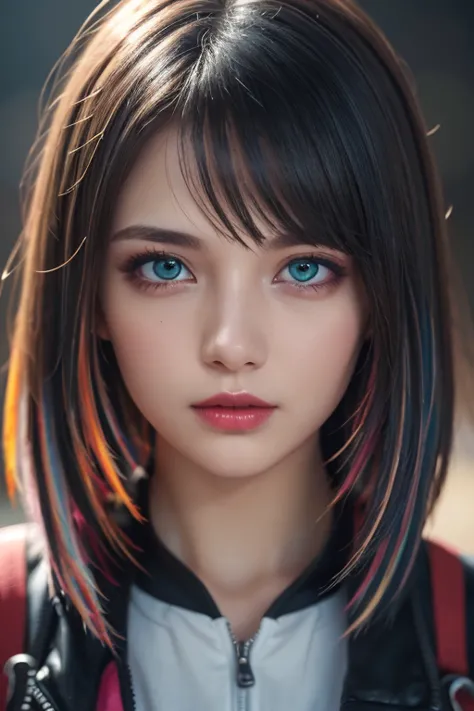 {{Masterpiece}},  best quality ,  Highly Detailed CG Unity 8K Wallpaper,  Cinematic Lights,  lens flare ,  beautiful detail eyes , black,  Sideways glance,   multi colored hair,  colorful  light, particle, Heterochromia, ( colorful :1.5), ( colorful  hair:...