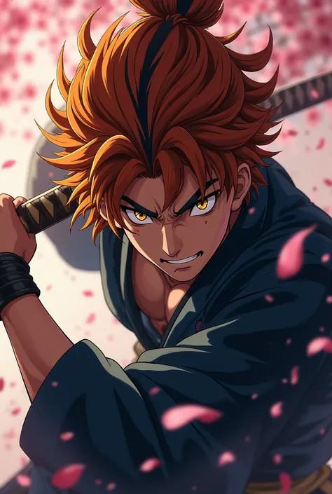 A fierce anime-style samurai warrior with messy orange-and-black striped hair resembling a tiger, wearing a traditional dark blue kimono with flame patterns. His sharp golden eyes gleam with intensity as he grips a katana, ready to strike. Wind blows throu...