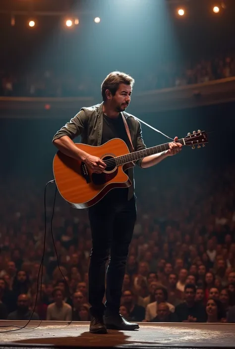 Singing with guitar in front on stage