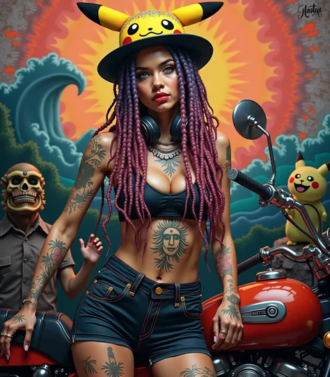  Dreadlocks with colorful sprinkles on her hair, cool beauty wearing a goth-lolita Pikachu hat、Dice tattoo 、  abstract and figurative art style  , Hard Edge Painting , , Earth explosion,   I can't believe how beautiful this is  ,  Natural Light and Shadow ...