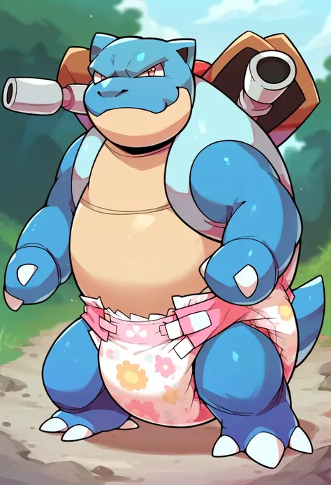 score_9, score_8_up, score_7_up, score_6_up, source_furry, solo, blurred background, dof,  full-length portrait,  pokemon (creature), thick diaper, blastoise, canons