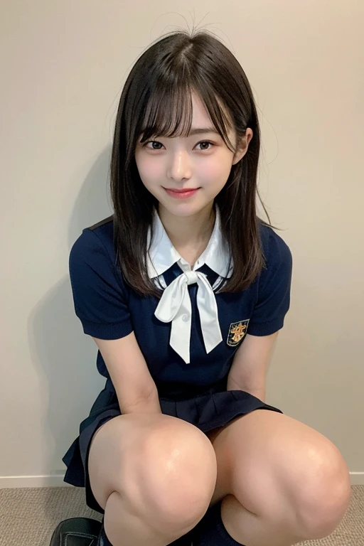  Hi-Res,  highest quality,  perfect dynamic composition,   Beautiful Attention to Details,  Shiny Hair、  medium hair ,  Natural Color Lips,  university student、Harajuku、smile、 crouch、M-shaped legs、((( school uniform、 short sleeve shirts worn by Japanese hi...