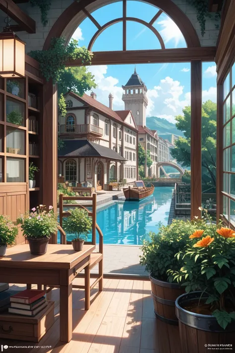 (Small Landscape:1.5),( highest quality), (( Masterpiece)), ( Hi-Res),  illustration,  original,   very detailed wallpaper ,  not human,   window, scenery, plant, water, potted plant, outdoors, building, door, Home, flower pot, day, 睡蓮のleaf, chair, flower,...