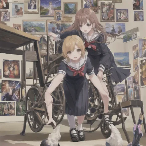  best detail、((( best composition、 highest quality、's greatest masterpiece、 super detailed、 high definition)))、 gun、Brave、I'm leaning forward in a chariot、 black sailor suit on the background、 high school girl、Seven hair colors、Unique hairstyle、posters