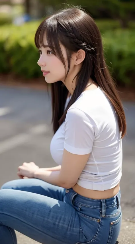     beautiful girl,   is so beautiful  , delicate face,     laugh shyly, Deep Valley), (( in、      get away from the camera       ))、(彼女は スレンダーで   BIG BREASTをしている、    white rib knit t-shirt     .    denim skirt、    facing sideways to the viewer、      show ...