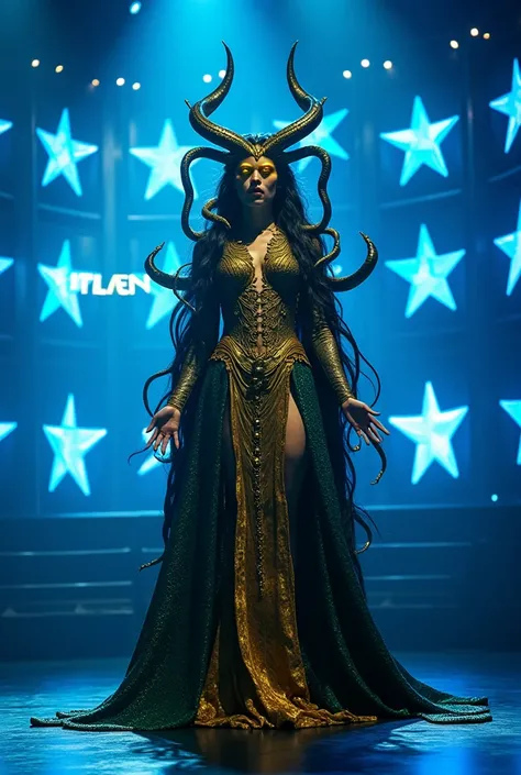 "A powerful Medusa standing at the center of a grand talent show stage. She has glowing golden eyes, long serpentine hair with venomous snakes hissing, and shimmering dark green scales covering parts of her body. She wears an elegant yet eerie golden and b...