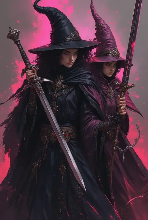 two person, beuriful young wizards. good looking, one wizard Holding two Hunting dagger, glemering old rose pinks Hunting dagger. another wizard Holding large slim glemering old rose pinks saber .fighting action with a fierce face. Dynamic pose. wearing Ee...