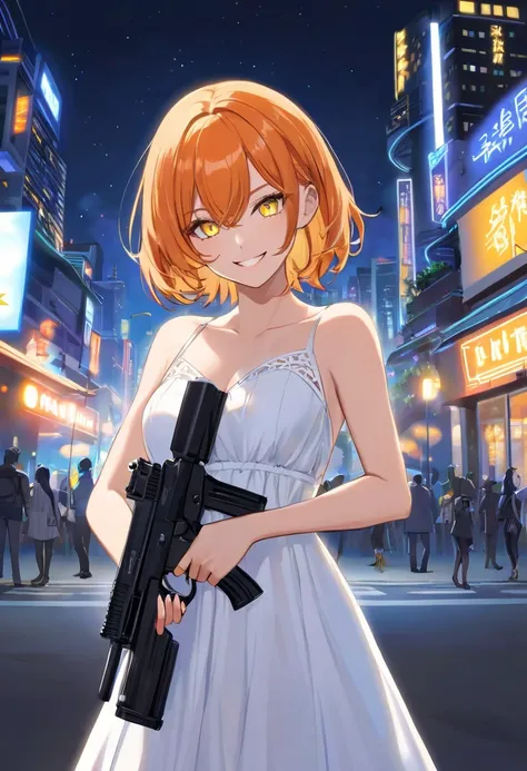  adult woman,  short orange hair and neon yellow eyes、 Fearless Smile 、Wear a white dress and hold a gun、 upper body only、Night park background