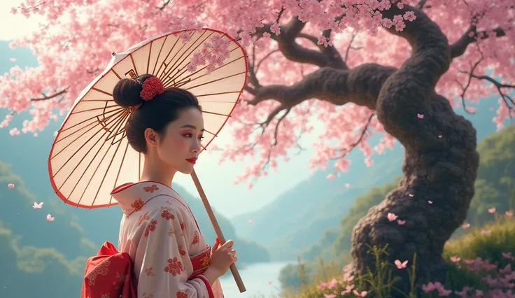  a beautiful geisha holding a parasol, Then create a realistic image of a 、 cherry blossom tree next to it 