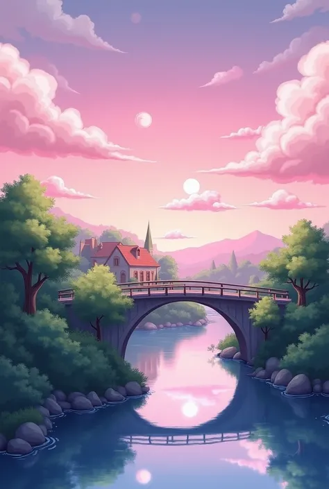 Anime background .  The foreground shows a bridge by a small cliff and a river .  In the background we see the continuation of the river and the nature of a village with small houses.  Pink morning sky ,  fluffy clouds in the sky . 