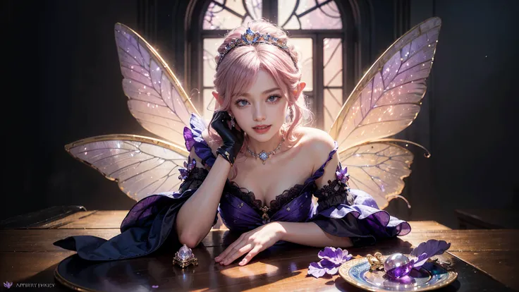 (masterpiece,highest quality, Very detailed, beautiful, Exquisite, 16k, Full HD),((Whole body)), ((White Background)),((smile,Happy:1.5)),((Frills, Rhinestones and Amethyst,Sparkling purple fluffy layered ball gown)),((city)),((Butterfly Wings)),(amethyst ...