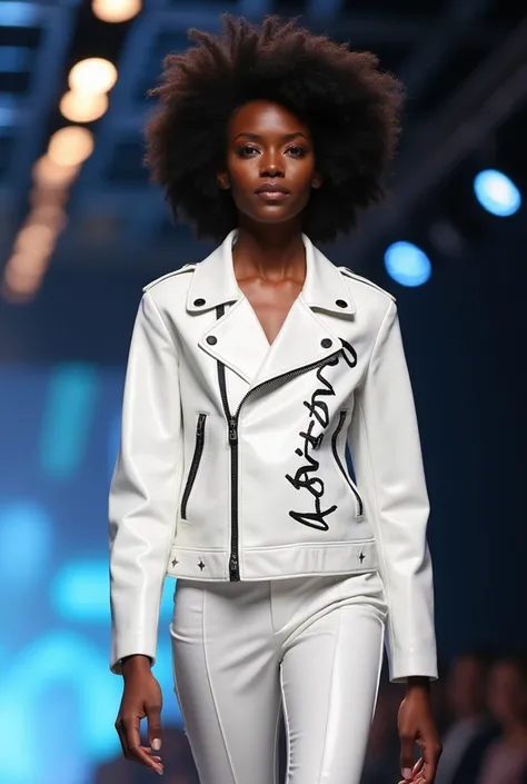 Fashion shows of black photo model with afro hair wearing a white leather jacket with Daria writing on the left side of the jacket in black embroidery