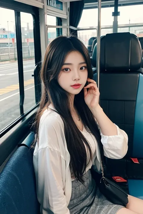 1girl,inside bus,sitting,passengers,asthetic,looking at viewer