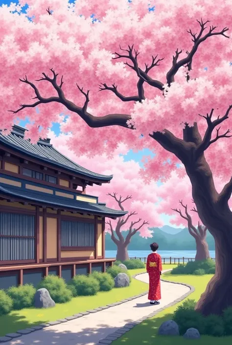 Japanese spring scene with cherry blossoms and a traditional wooden house with sliding paper doors overlooks peaceful garden and a small stone path and a figure in a kimono standing under a cherry blossom tree admiring the blossoms 