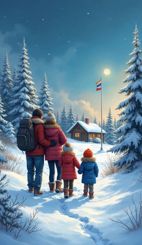 A family of four. Two parents and two s go home.  beautiful winter nature ,  lots of snow. Spruce snow forest,  pine with snow and birch. There is a Russian wooden house in the background. There is a flagpole with the Russian flag near the house.  stars an...