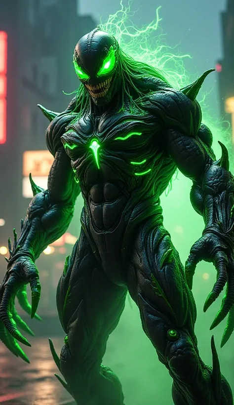 A full-body depiction of a monstrous fusion hybrid that melds the chaotic madness of the Green Goblin with the dark, amorphous power of Venom. The creature's physique is a nightmarish blend of a glossy, inky-black symbiote intertwined with vivid, toxic gre...