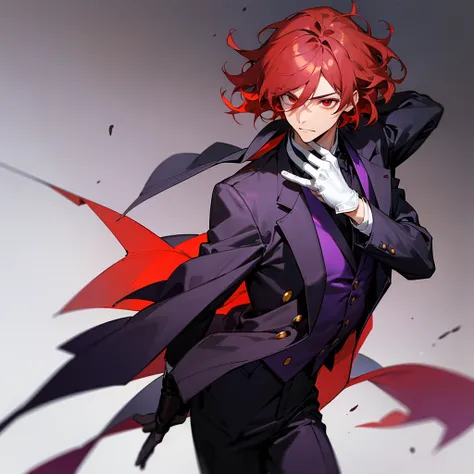 1male, adult, finely detailed red eyes, (wild medium hair), dark purple, fancy suit, layered clothing, somber expression, (perfect generation), standing on street, detailed background, gloves