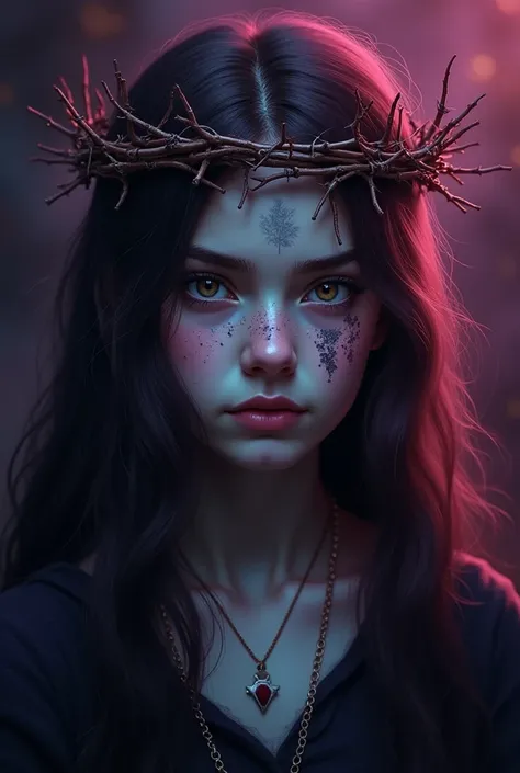 Generate a book cover, title crowned in scars. Details: a girl with crown of Thorns and scars in face, a darker and something violet background, make the girl not so big so I can't put the title in the upper