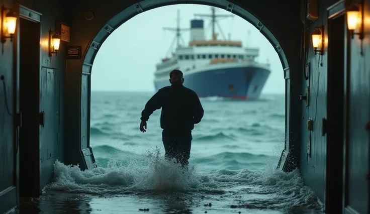 : "A frantic scene of a man, Harrison, running through the flooded corridors of a ship, water rising rapidly. In the background, the ship begins to submerge, and the scene captures the moment just before it disappears into the ocean."