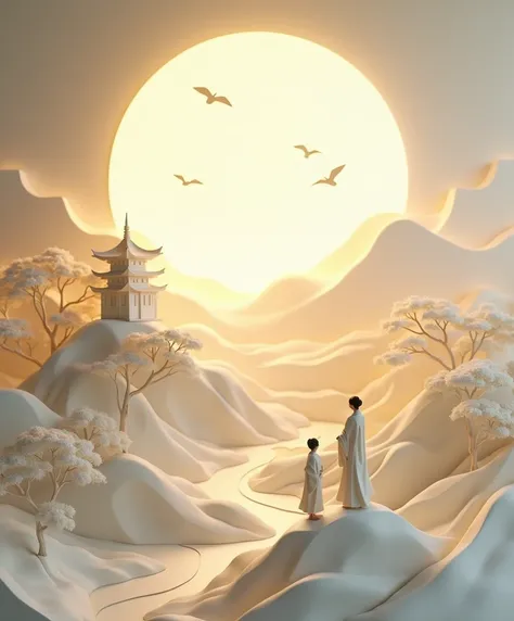 Create a stunning 3D paper-cut artwork depicting a serene, dreamlike landscape inspired by traditional East Asian aesthetics. The scene should feature multiple layers of finely crafted paper-like elements, forming a soft, ethereal composition. A large glow...