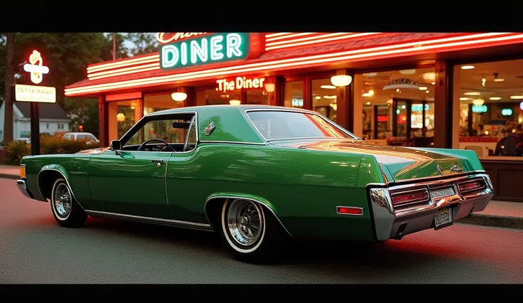 Image Prompt:
"A 1970s Chrysler Imperial LeBaron in metallic green parked outside a classic 1970s diner, neon signs reflecting on its glossy paint. The text '1970s Chrysler Imperial LeBaron - Metallic Green' is displayed at the bottom."
