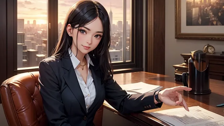 A high-quality anime-style close-up illustration of a powerful and elegant young woman named Saori, sitting confidently in her luxurious CEO office. She has long, flowing black hair cascading over her shoulders, framing her delicate yet commanding face. He...