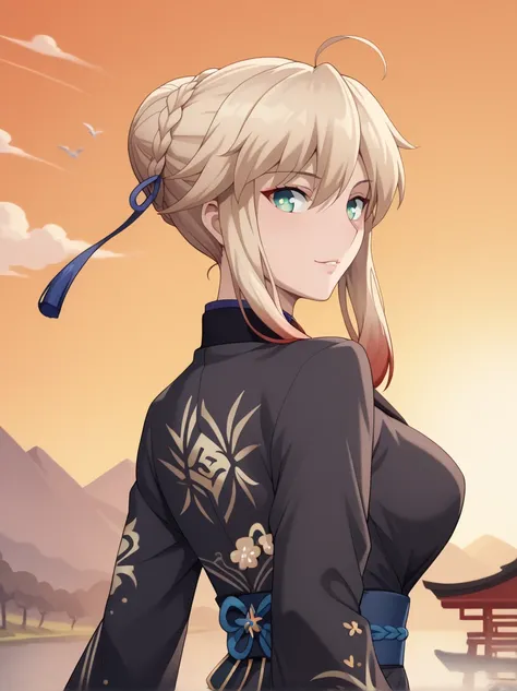 Artoria Pendragon Lancer, swept bangs, ahoge, blonde hair, green eyes, french braid, short hair, mature female, large breasts, （masterpiece),(best quality),(ultra-detailed),(best illustration),(best shadow),(absurdres),(detailed background),(very aesthetic...